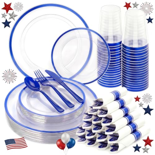 175pcs Plastic Plates for Labor Day Party Clear & Blue - color: Blue, size: 175pcs（25guests）