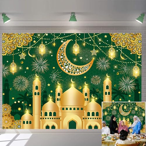 Eid Mubarak Backdrop, Muslim Ramadan Party Decorations Background Green Gold Happy Mubarak Banner for Home Muslim Eid Party Supplies (Green, 8x6FT: 96x72 inch) - color: Green, size: 8x6FT: 96x72 inch