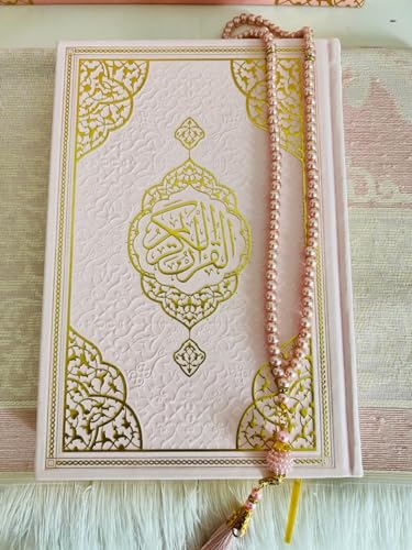 Muslim Prayer Rug, Elegant Full Arabic Thermo Leather Quran(9.4 * 6,6 inch / 24 * 17 cm) Beads I Perfect Islamic Gift I Suitable for Men, Women, Kids I Luxury Gift | Islamic Ramadan Eid Gifts - color: Pink