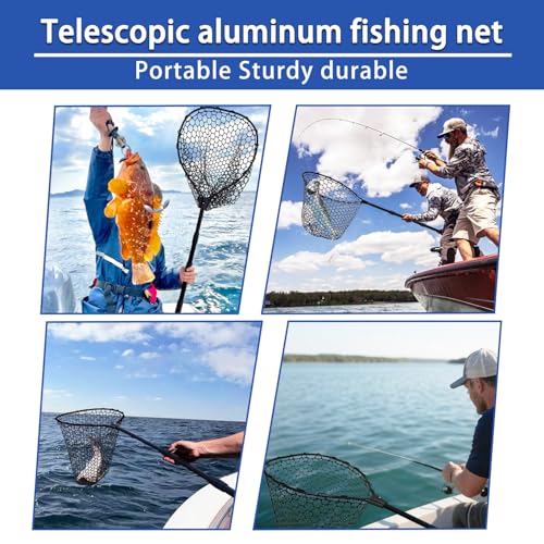 Telescoping Rubber Fishing Net with Handle 64"/46“ Long Silicone Large Fish Landing Net Kayak/Fishpond/Saltwater Extendable Fishing Gear Accessories - size: Black:3-section pole|length:63.7"