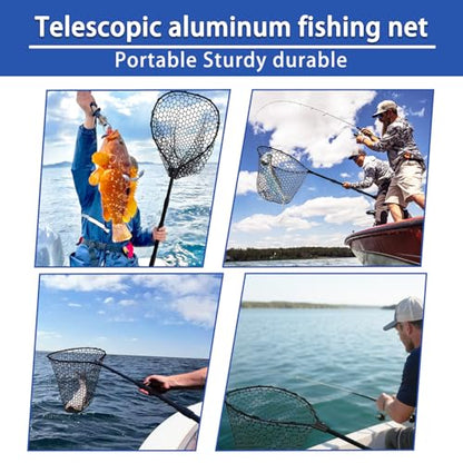 Telescoping Rubber Fishing Net with Handle 64"/46“ Long Silicone Large Fish Landing Net Kayak/Fishpond/Saltwater Extendable Fishing Gear Accessories - size: Black:3-section pole|length:63.7"