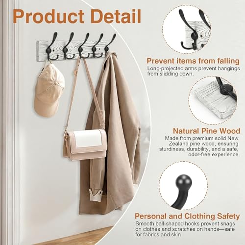 Wooden Coat Rack Wall Mount Heavy Duty, 2 Pack Coat Hanger Wall Mount with 5 Triple Hooks for Clothes, Jacket, Hat, Keys, Space Saving Entryway Organizer for Mudroom (Whte Plate & Black Hooks) - color: Whte Plate & Black Hooks