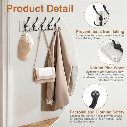 Wooden Coat Rack Wall Mount Heavy Duty, 2 Pack Coat Hanger Wall Mount with 5 Triple Hooks for Clothes, Jacket, Hat, Keys, Space Saving Entryway Organizer for Mudroom (Whte Plate & Black Hooks) - color: Whte Plate & Black Hooks