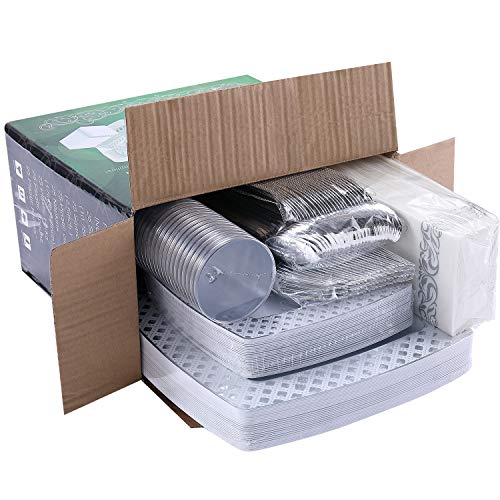 FOCUSLINE 175 Count Silver Dinnerware Set for 25 Guests, Disposable Square Plastic Plates with Diamond Rim, Includes 25 Dinner & Dessert Plates, Napkins, Cups, Cutlery Set for Wedding Parties - color: Silver Diamond Rim Plates