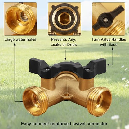 Biswing Garden Hose Splitter 2 Way, Heavy Duty Brass Connector Tap Splitter, Y Splitter 2 Valves with 2 Extra Rubber Washers - size: 2 Way