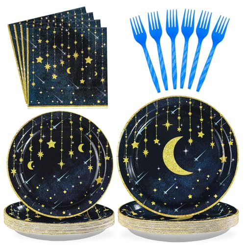Grencian Gold Star Moon Party Supplies - 96Pcs Moon and Stars Party Supplies Plates and Napkins Navy Blue Celestial Hanging Crescent Disposable Tableware for Celestial Birthday Decorations Serve 24 - style: Navy Blue Stars Moon Sets