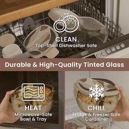 Bentgo Glass Prints Salad Container - 7.6-Cup Tinted Glass Salad Bowl with Airtight Lid, Leak-Proof Sauce Container, 4-Compartment Bento Meal Prep Tray & Reusable Fork (Inky Abstract - Neutrals) - color: Inky Abstract - Neutrals
