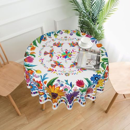 Mexican Floral Birds Tablecloth Mexico Round Table Cover Washable Table Cloth for Home Kitchen Party Picnic 60 Inch - color: Mexican Floral Birds