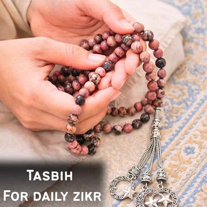 Amazing Gemstone Rhodonite Tasbeeh with Moon and Star Charm - Certified Crystal Muslim Prayer Beads Natural Gemstone Tasbih Gift for Ramadan Dhikr and Daily Namaz (S) - color: Rhodonite