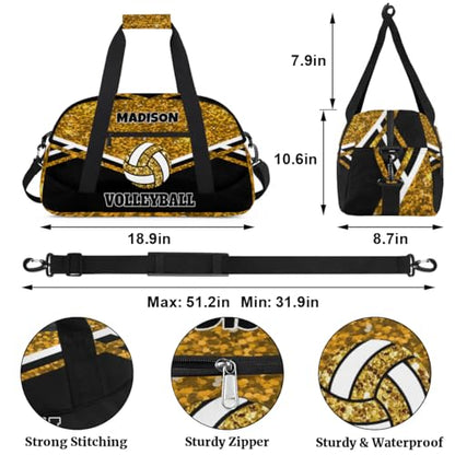 Custom Volleyball Bag with Name, Personalized Sports Bag for Teens Waterproof Weekender Carry Training Travel Bag, Gold Sequins Glitters with Black (Not real Glitter) - color: Gold Black