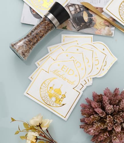 Eid Mubarak Napkins - 50 PK - Bluk Ramadan Eid Mubarak Party Napkins Disposable Napkins Paper Napkins for Eid Mubarak Decorations White and Gold