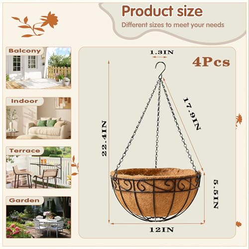 12 inch Metal Hanging Baskets For Plants Outdoor 4 Pack Round Metal Wire Hanging Basket Planter with Coco Fiber Liners Chain Round Wire Plant Holder for Garden, Patio, Deck, Porch Plants Flower Potss - size: 12 Inch, style: Flower Border
