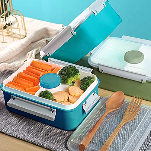 3 Pack Salad Lunch Box Food Storage Containers, 47oz Bento Box To Go Container with Lids, Reusable Meal Prep Containers with Removable Tray & Dressing Pots for Kids and Adults, Microwave Safe - color: Navy&Dark Green&Light Blue