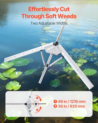 VEVOR Lake Weed Cutter, Pond Aquatic Plant Cutting Tool with 48 in Max. Cut Width, Sharp and Heavy-Duty Steel Blades, Pond Rake with 30 ft Throw Rope, for Cattail, Phragmites, Lilly Pads & Chara - size: 36-48in