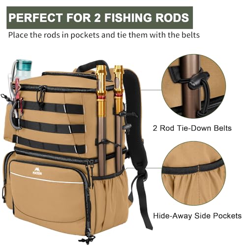 MATEIN Fishing Backpack, Tackle Storage Bag with Rod Holders & Cooler | Water Resistant Fishing Bag Fits 4 3600 Trays, Large Wide Open Tackle Box Backpack, Gifts for Fishermen - color: Khaki