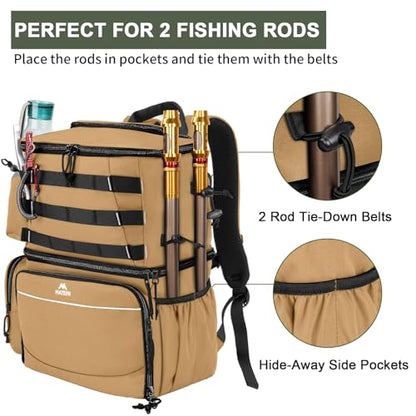 MATEIN Fishing Backpack, Tackle Storage Bag with Rod Holders & Cooler | Water Resistant Fishing Bag Fits 4 3600 Trays, Large Wide Open Tackle Box Backpack, Gifts for Fishermen - color: Khaki