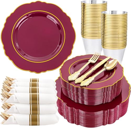 Liacere 350PCS Red Plastic Plates-Disposable Burgundy Red and Gold Plates 50guest Baroque Plastic Dinnerware include 100Plates, 50Pack Pre Rolled Napkins with Silverware 50Cups for Party & Wedding - color: Red
