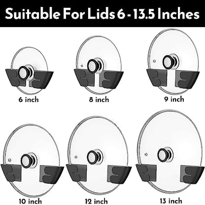 Niceyos Universal Adjustable Pot Lid Organizer for Cabinet - Upgraded Patented Set of 4 Pan Lids Organizers Inside Cabinet Door Wall Mount Pots Top Holder for Kitchen Cupboard, Fits 6" to 14" (Black)