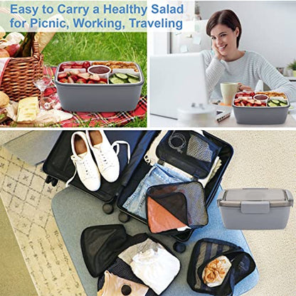 Freshmage Salad Lunch Container To Go, 68-oz Grey-XL, Leak-proof Lid, 4 Compartments, Sauce Container, Safe Material, Easy Carry - color: Grey-68oz