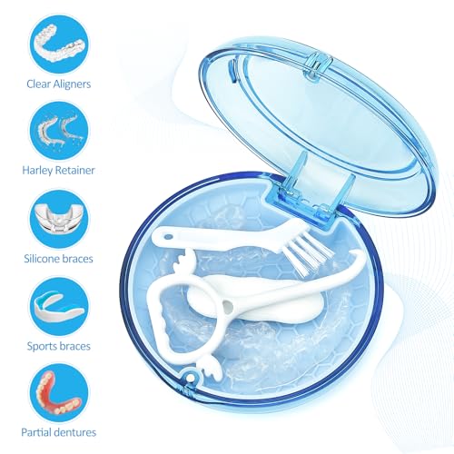 Retainer Case Slim Aligner Case with Vent Holes Removable Inner Tray Silicone for Easy Cleaning, Retainer Removal Tool and Brush (Clear Blue) - color: Clear Blue