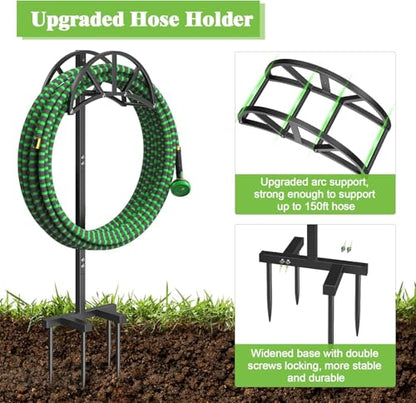 Mr IRONSTONE Heavy Duty Freestanding Garden Hose Stand With 4 Ground Spikes, Upgraded Stainless Steel Hardware Water Hose Holder, Black