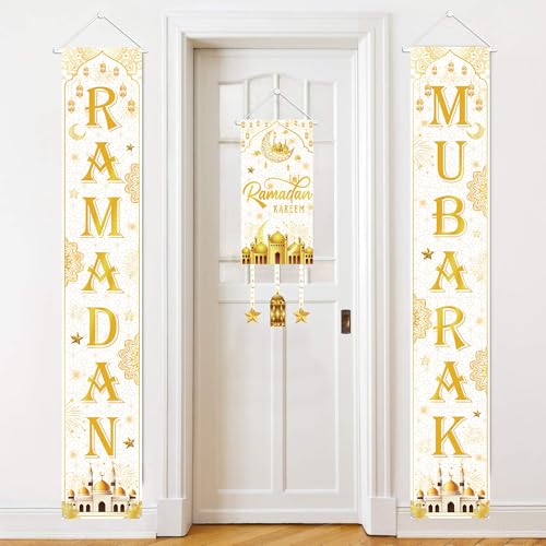 Ramadan Mubarak Decorations Door Banner - 3 Pack Eid Mubarak Porch Signs with Door Cover, Ramadan Muslim Wall Hanging Backdrop for Home Outdoor (White Gold) - color: White Gold