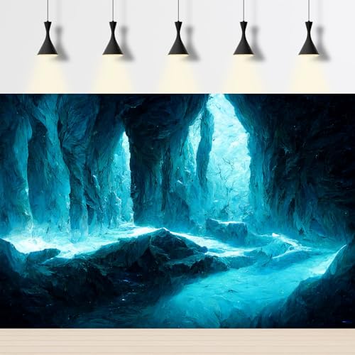 Rock Cave Aquarium Background Futuristic Sci-Fi Cave with Cyan Crystals Lights Terrarium Backgrounds Abstract Cyan Rock Cave Fish Tank Background Cave with Sunbeams Reptile Tank Backgrounds 24x12in - color: Blue, size: 24(W)x12(H)inches/ 60(W)*30cm(H)
