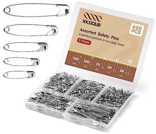 XKDOUS 400 Pack Safety Pins, 5 Universal Sizes Heavy Duty Pins for Clothes - color: Silver, size: Assorted Sizes (400 Pcs)