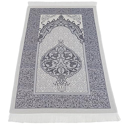 Modefa Luxury Islamic Thin Travel Prayer Mat in Satin Gift Bag - Deluxe 4 Piece Travel Set with Dua Book & Prayer Beads Tesbih - Thin Chenille Turkish Praying Carpet - Eid Gift Set (Blue) - color: Blue