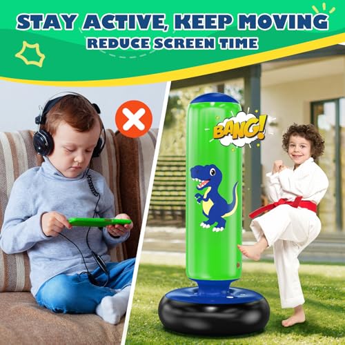 QPAU Inflatable Punching Bag, 48 Inch Stable Inflatable Boxing Bag for 3-6 Kids,Dinosaur Toy & Gifts for Boys and Girls, Kids Boxing Set for Practicing Karate, Taekwondo - color: Dinosaur Blue