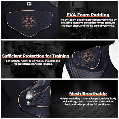 COOLOMG Youth Football Padded Shirt Chest Rib Protector | Football Compression Undershirt Heart Sternum Shoulder Protection - color: Black, size: Medium