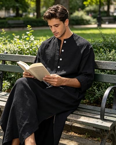 Jacansi Men's 65% Cotton 35% Linen Long Sleeve Kaftan, Button Down Ankle Length Thobe with Side Split & Pocket - color: Black, size: XX-Large
