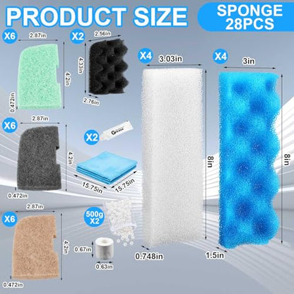 Threlaco 32 Pcs Filter Media Compatible with 306/307 Filters, Aquarium Replacement Maintenance Kit Including Biological Sponge, Ammonia/Phosphate/Nitrite Remover Pad, Aquarium Towel, Grease - style: 306/307