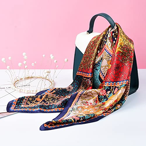 Stlvoll 여성용 100% 실크 헤드 스카프 - 68.6cm(27인치) 헤어 스카프 새틴 반다나 스퀘어 야간 수면용 선물 포장 - color: 레드/트리