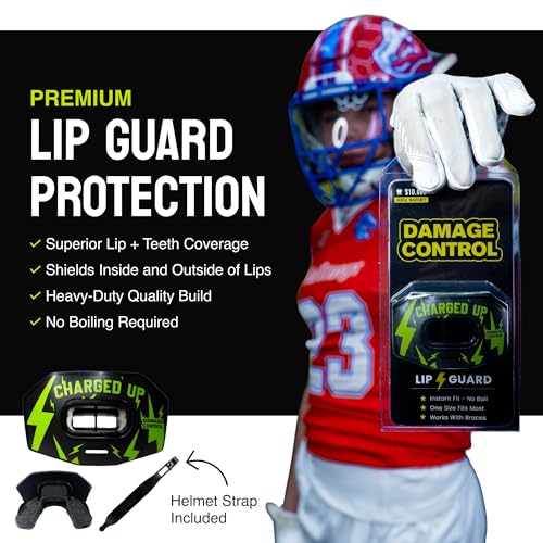 DAMAGE CONTROL Youth Football Mouth Guard – Breathable No Boil Mouthpiece, Protects Lips & Teeth, Works with Braces, Includes Helmet Strap – Sports Gear & Accessories (Charged Up) - color: Charged Up