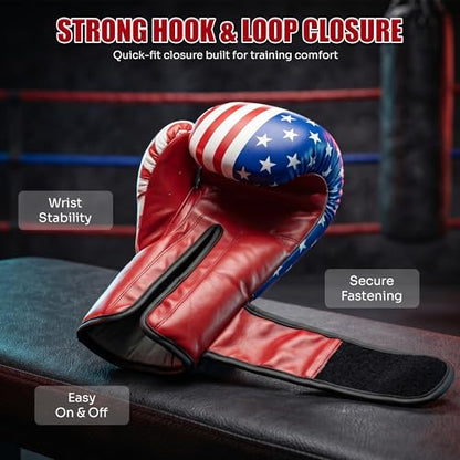Boxing Gloves USA Flag Design for Men & Women 8oz-12oz – Muay Thai MMA Kickboxing Pro Training Sparring Gloves with Hook and Loop Wrist Support and Ventilation - size: 10 OZ
