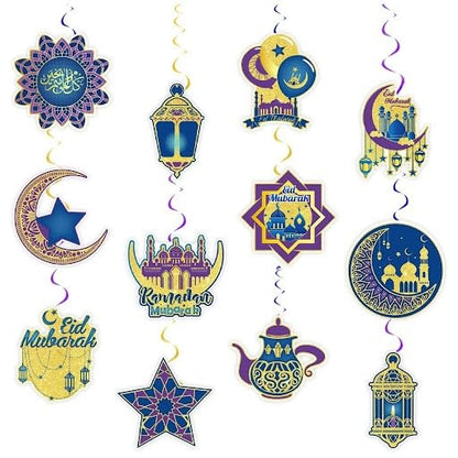 Eid Mubarak Decorations Set 72 PCS - Blue & Gold Ramadan Decorations for Home with Eid Mubarak Banner, 18 Latex Balloons, Cake Toppers & Hanging Swirls - Complete Eid Al-Fitr Party Supplies Kit