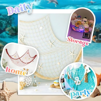 Fish Net Decorations for Party, 2mm Natural Cotton Hawaiian Party Fish Net Decorative, Nautical Themed Cotton Fishnet Room Under The Sea Ocean Beach Party Decor (3)