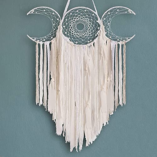 White Triple Moon Goddess Dream Catcher Macrame Wall Hanging, Pagan Decor - color: Lunar White