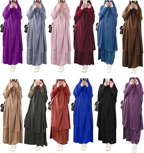 Womens Muslim Abaya Solid Prayer Dress Islamic Maxi Kaftan with Hijab Dubai Full Length 2 Piece Dress - color: 1khaki