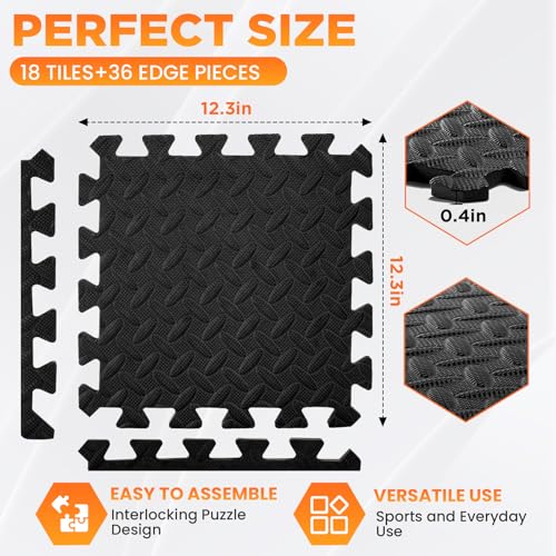 18 Tiles EVA Puzzle Exercise Floor Mats Set, Interlocking Foam Gym Tiles | 12.6"x12.6"x0.4", Water-Resistant Flooring for Home Gym, Workout Equipment, Kids' Play Areas, Garage Playroom - Black