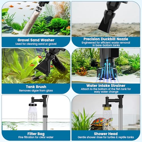 AQQA Electric Aquarium Gravel Cleaner, 6-in-1 Fish Tank Vacuum with Anti-Clog Gravel Barrier, Sand Washer, Water Changer, Filter Bag, Adjustable Flow & Water Circulation, 320GPH for 15+ Gallon Tanks