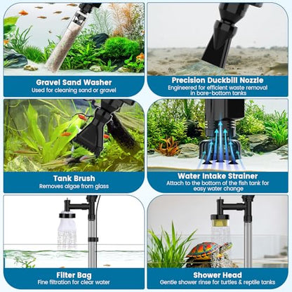 AQQA Electric Aquarium Gravel Cleaner, 6-in-1 Fish Tank Vacuum with Anti-Clog Gravel Barrier, Sand Washer, Water Changer, Filter Bag, Adjustable Flow & Water Circulation, 320GPH for 15+ Gallon Tanks