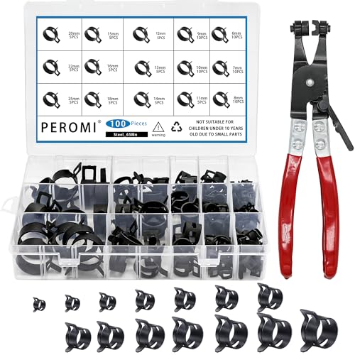 100Pcs 6-25mm Spring Band Hose Clamps With Swivel Flat Hose Clamp Plier Assortment Kit, Constant Tension Steel Clamps for Fuel Lines, Silicone, Vacuum Hoses & Low-Pressure Air Clips - size: 100pcs with Plier