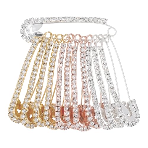 12 PCS Fancy Safety Pins, Rhinestone Gold and Sliver Safety Pins Large, Decorative Brooch Pins for Clothing, Women Crystal Brooch Pin for Clothes Hats Shawl - color: Gold, Silver, Rose Gold