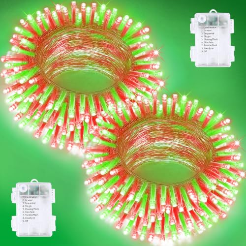 2 Pack 200 LED Battery Operated String Lights, Fairy Lights Red & Green - color: Red and Green, size: 2PK(100LED)