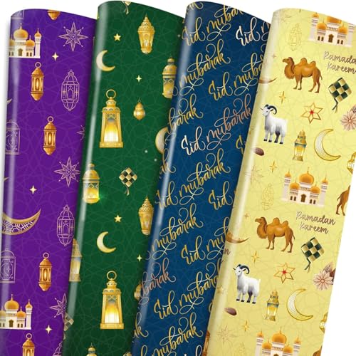 TAKEALOOK Eid Mubarak Gift Wrapping Paper - 12 Sheets Ramadan Kareem Paper, Muslim Arabic Islamic Crescent Moon Lantern Designs for Eid Al-Adha & Hajj Festival Party Decorations