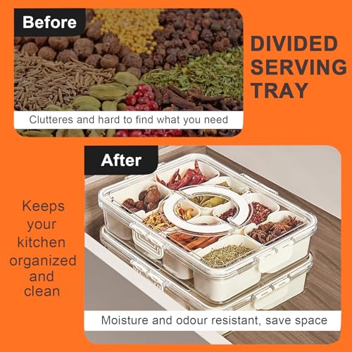 Snackle Box Container, Divided Serving Tray with Lid and Handle, 8 Compartment Portable Snack Box Containers, Clear Storage Organizer for Fruit Candy Nuts Veggie, Perfect for Road Travel Party - size: 8 Compartments
