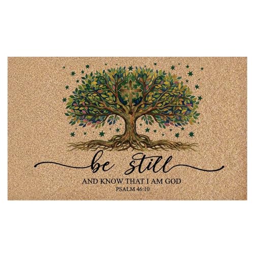 Christian Green Tree of Life Faux Coco Coir Doormat Door Mat, Be Still and Know that I Am God Decorative Welcome Doormat for Home Outdoor Porch Front Door Entrance Outside, 17x30 in - color: Tree 2