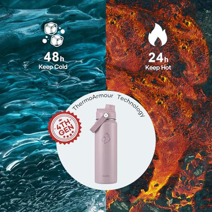 BUZIO 24 oz Water Bottle Insulated, Leakproof Stainless Steel Flask (Cold for 48 Hrs), Wide Mouth BPA-Free Metal Thermo Hydro Canteen with 2 Lids, Purple - color: Purple, size: 24 Ounces